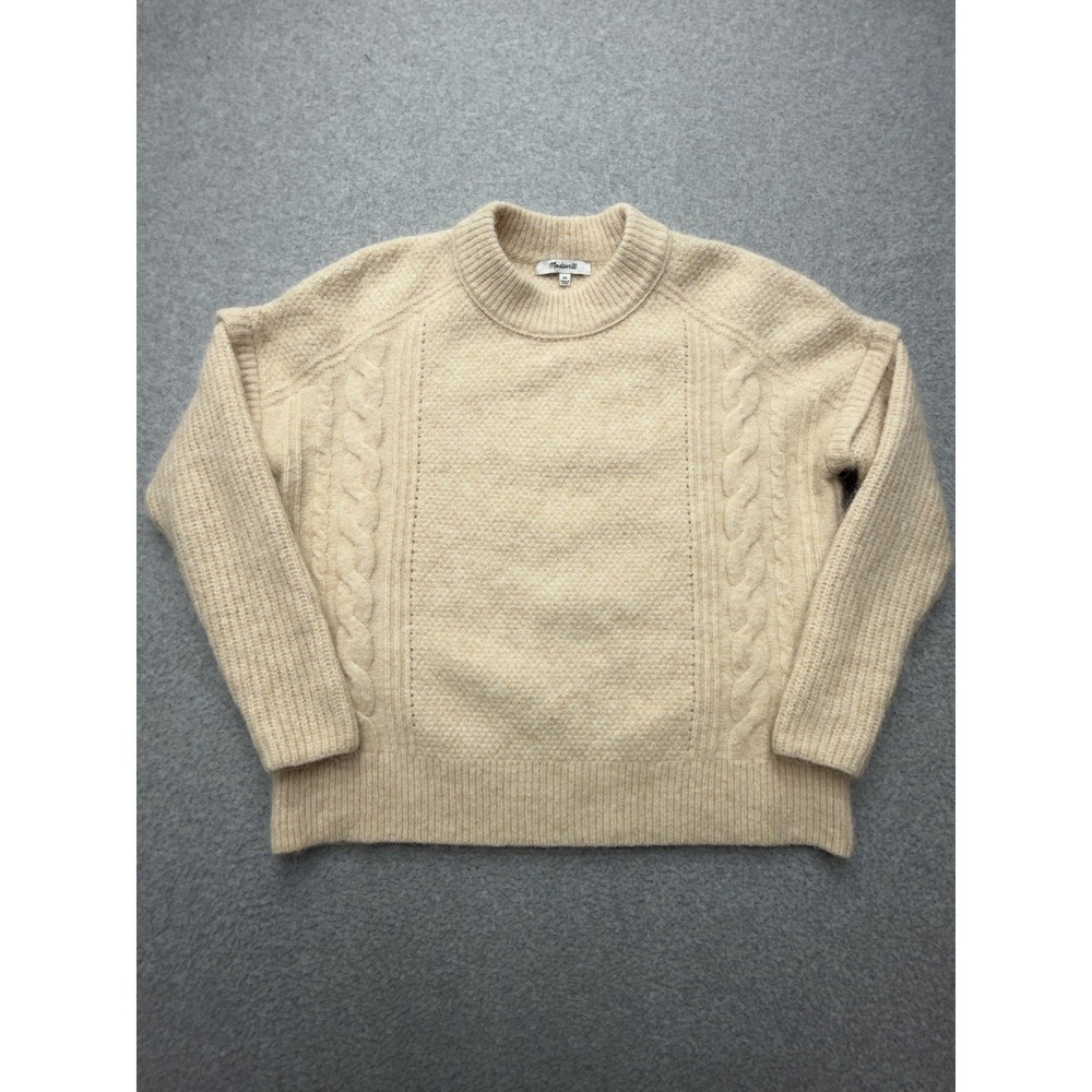Madewell Sweater Womens XS Beige Cable Knit Alpaca Wool Blend Crewneck Pullover